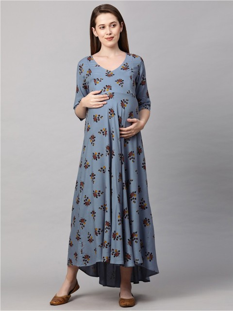 

MomToBe Blue Red Floral Maternity Maxi Nursing Dress