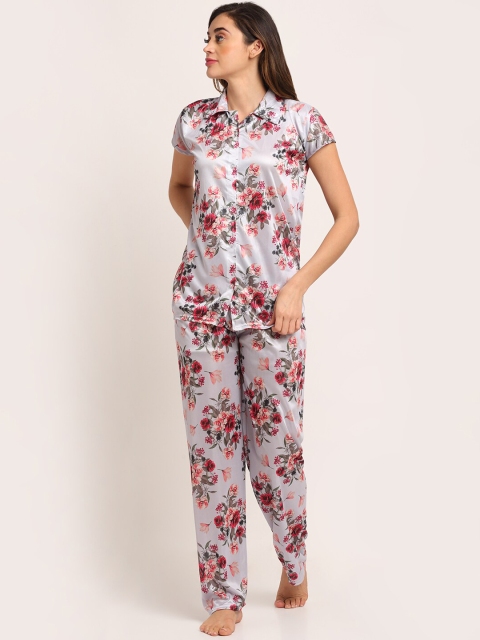 

Sidwa Women Grey & Red Printed Satin Night suit