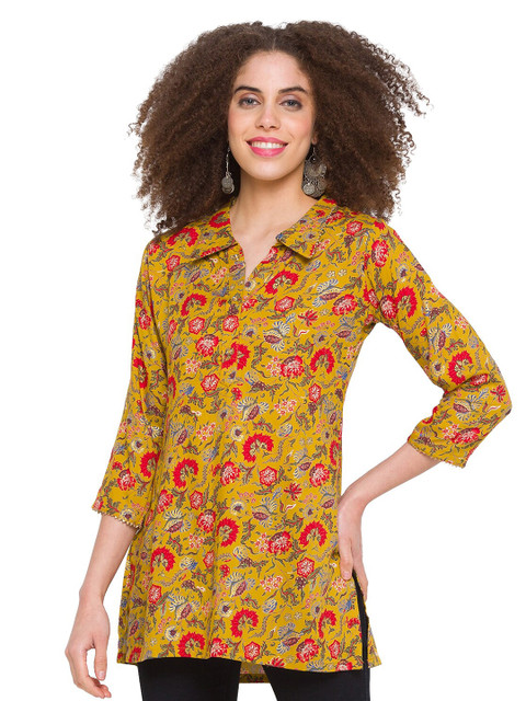 

TANKHI Yellow & Pink Viscose Rayon Shirt Collar Printed Tunic