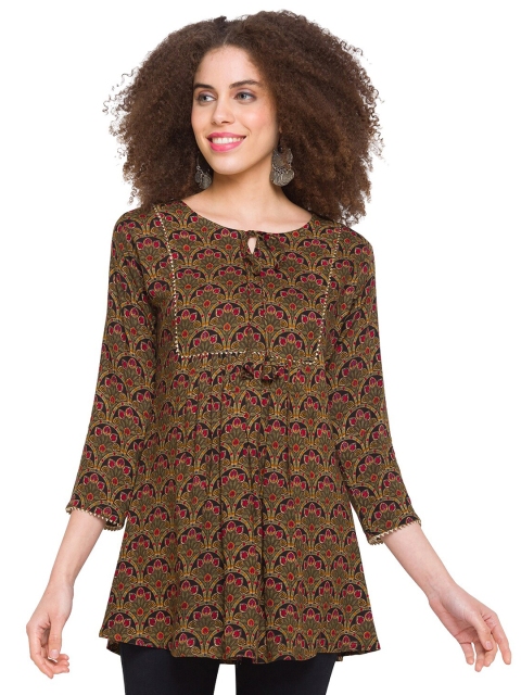 

TANKHI Olive Green & Pink Ethnic Motifs Printed Pleated Tunic