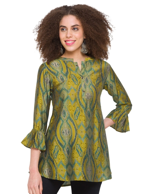 

TANKHI Green & Mustard Modal Mandarin Collar Printed Tunic