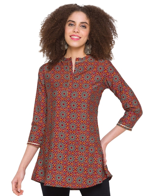 

TANKHI Maroon Modal Mandarin Collar Printed Tunic