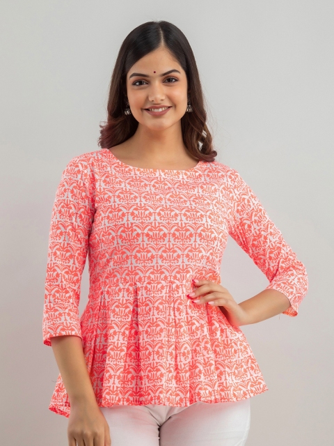 

Women Touch Orange Floral Print Peplum Top