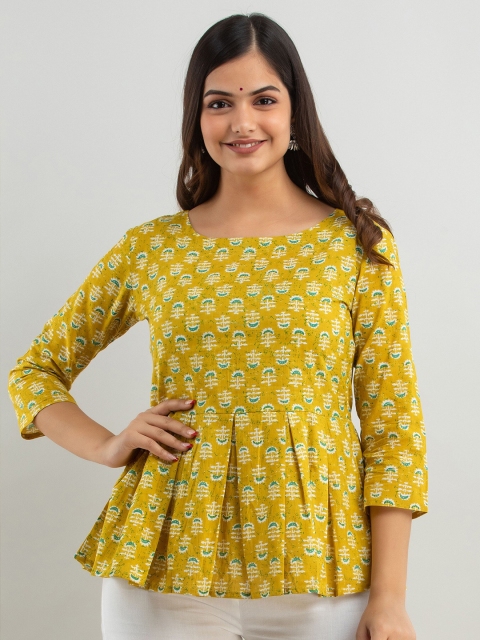 

Women Touch Yellow Ethnic Print Peplum Pure Cotton Top