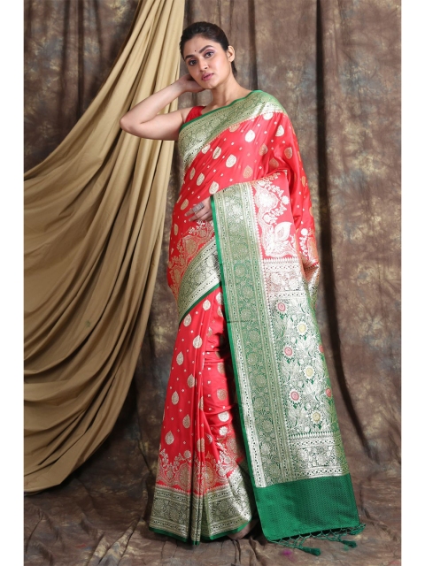 

Charukriti Red & Green Woven Design Zari Pure Silk Banarasi Saree