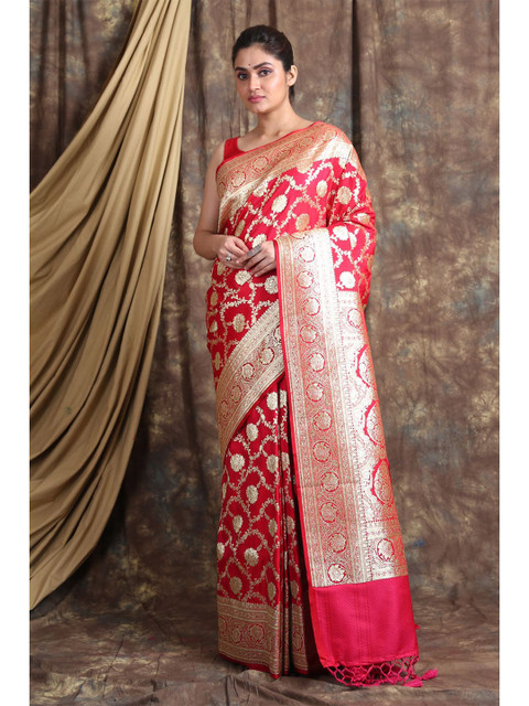 

Charukriti Magenta & Gold-Toned Ethnic Motifs Zari Pure Silk Banarasi Saree
