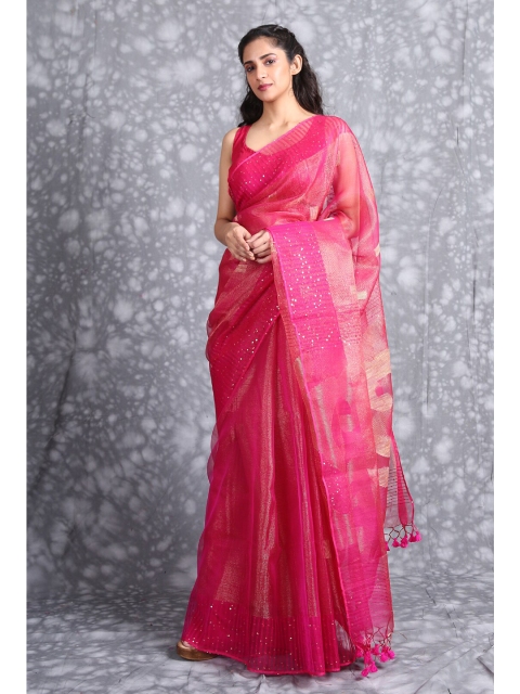 

Charukriti Fuchsia & Gold-Toned Woven Design Zari Pure Silk Saree
