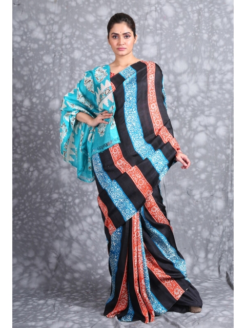 

Charukriti Black & Blue Striped Ethnic Motifs Pure Silk Saree