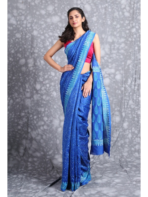 

Charukriti Blue & White Ethnic Motifs Pure Silk Block Print Saree