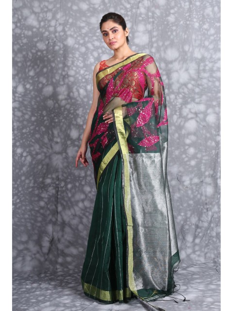 

Charukriti Green & Fuchsia Woven Design Pure Silk Saree