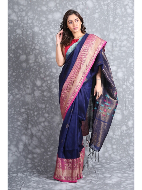 

Charukriti Blue & Pink Woven Design Zari Pure Linen Saree