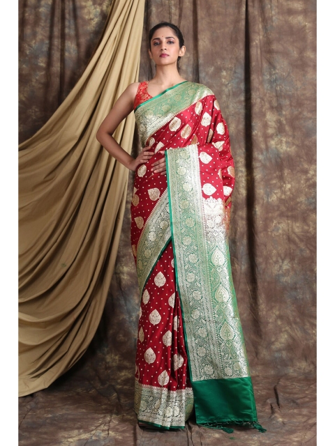 

Charukriti Red & Green Ethnic Motifs Zari Pure Silk Saree