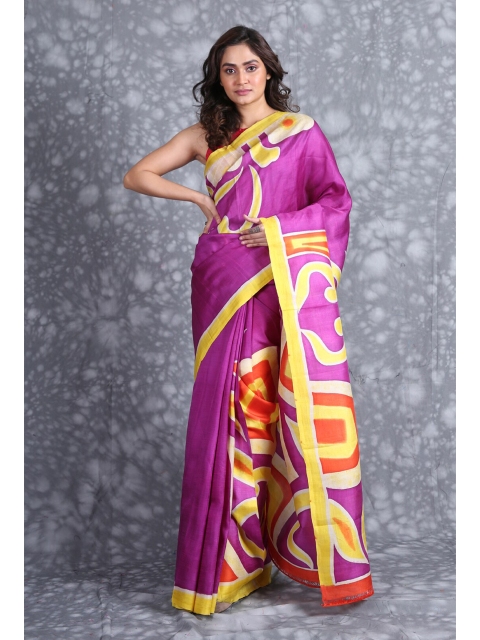 

Charukriti Pink & Yellow Floral Pure Silk Saree
