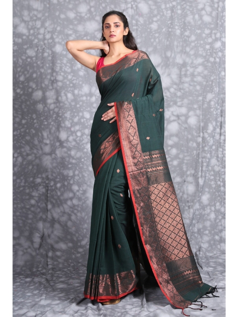 

Charukriti Green & Copper-Toned Ethnic Motifs Zari Pure Cotton Saree