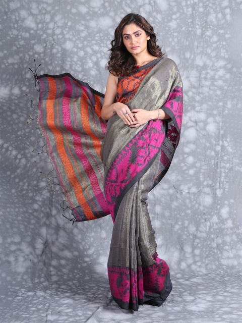 

Charukriti Grey & Magenta Woven Design Pure Linen Saree