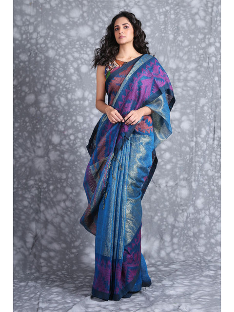 

Charukriti Blue & Magenta Zari Pure Linen Saree