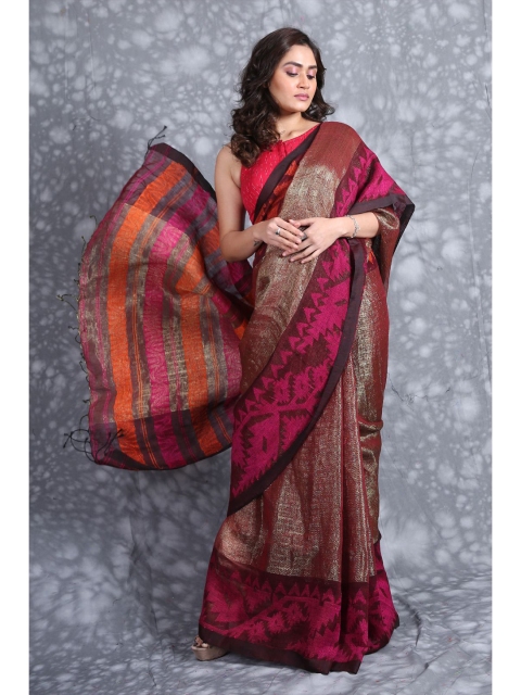 

Charukriti Red & Pink Woven Design Zari Pure Linen Saree