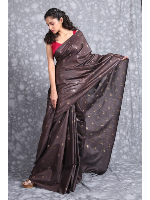 

Charukriti Brown & Gold-Toned Woven Design Pure Silk Saree