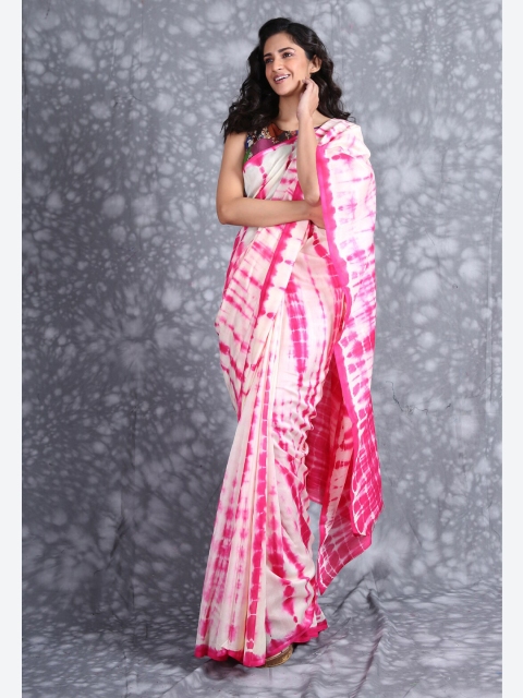 

Charukriti White & Fuchsia Tie and Dye Pure Silk Saree