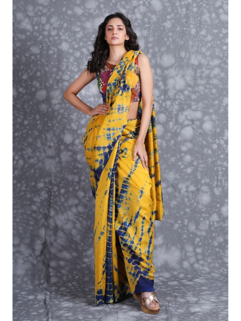 

Charukriti Yellow & Blue Tie and Dye Pure Silk Saree