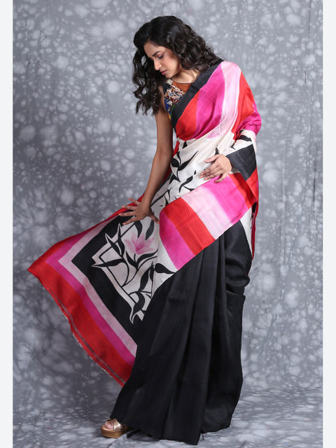 

Charukriti Black Abstract Printed Pure Silk Saree