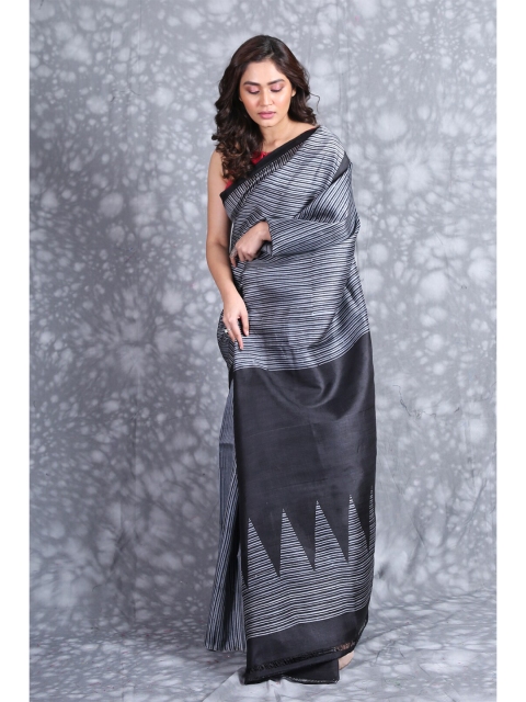 

Charukriti Black & Grey Striped Pure Silk Saree