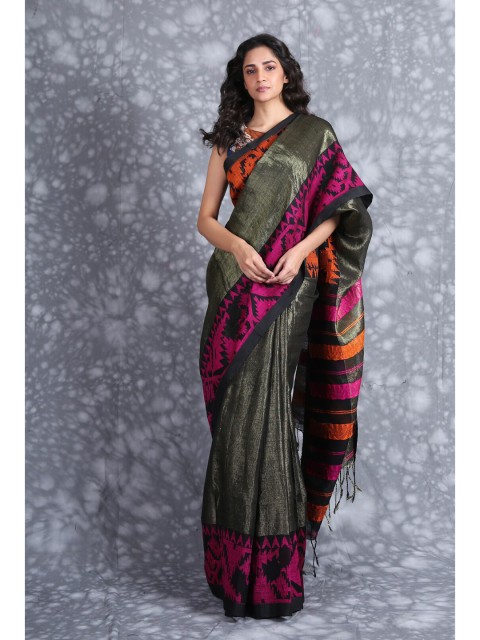 

Charukriti Green & Pink Ethnic Motifs Woven Design Pure Linen Saree