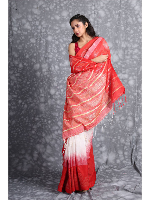 

Charukriti White & Red Ethnic Motifs Pure Linen Saree