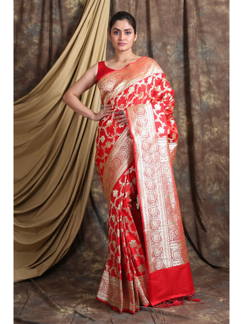 

Charukriti Red & Gold-Toned Woven Design Pure Silk Banarasi Saree