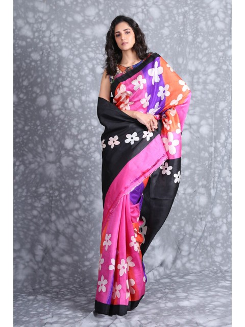 

Charukriti Pink & Black Floral Pure Silk Saree