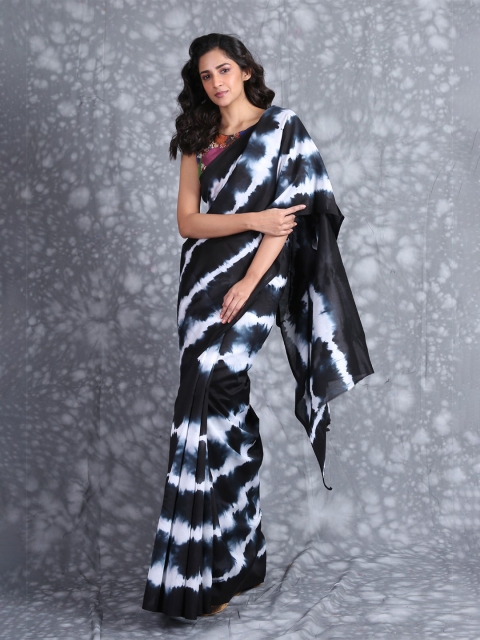 

Charukriti Black & White Tie and Dye Pure Silk Saree