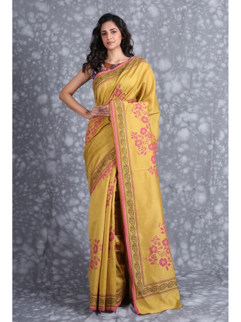 

Charukriti Yellow & Magenta Floral Pure Silk Saree
