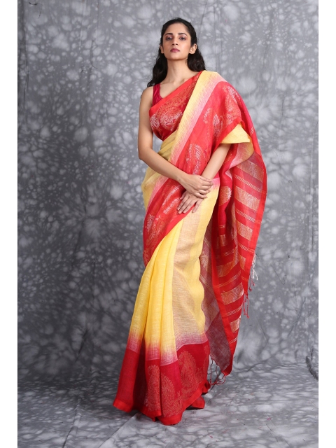 

Charukriti Yellow & Red Woven Design Pure Linen Saree