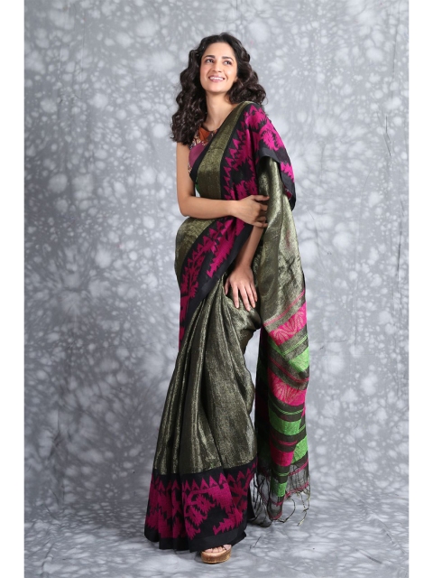 

Charukriti Black & Green Woven Design Pure Linen Saree