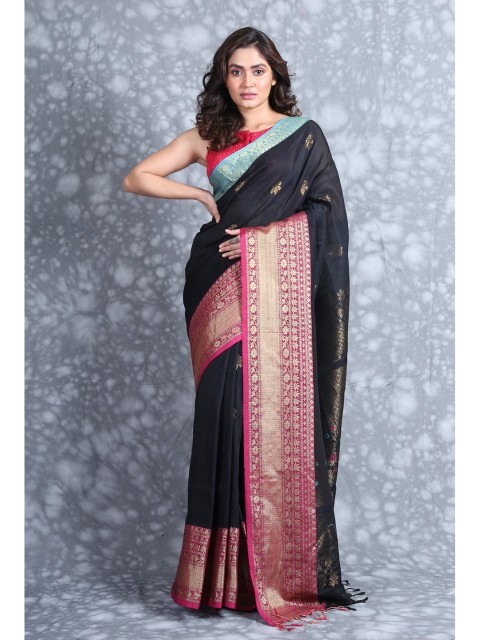

Charukriti Black & Pink Woven Design Pure Linen Saree