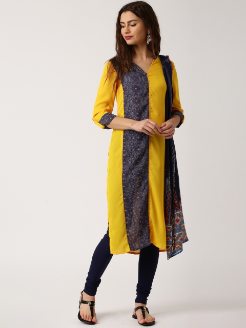 

IMARA Yellow & Navy Printed Kurta with Dupatta