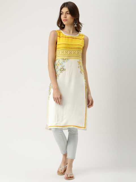 

IMARA Women Yellow & White Printed Straight Kurta