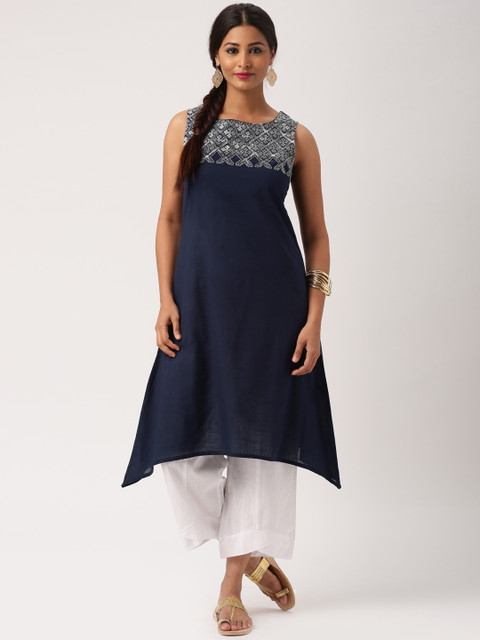 

IMARA Women Navy Batik Embroidered Asymmetric Hemline A-Line Kurta, Navy blue