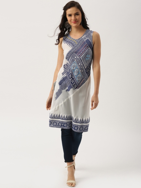 

IMARA Women White & Blue Printed Straight Kurta