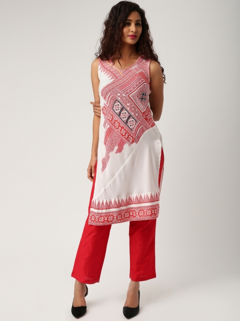 

IMARA Women White & Red Printed Straight Kurta