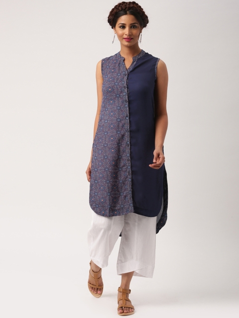 

IMARA Women Navy Printed A-Line Kurta, Navy blue