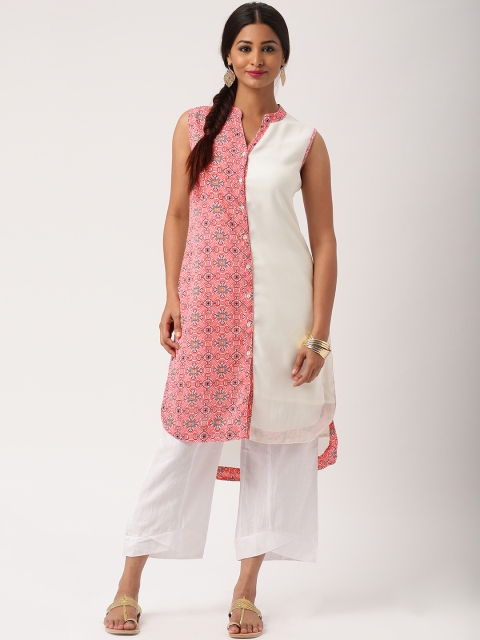 

IMARA Women White & Red Batik Print High-Low Kurta