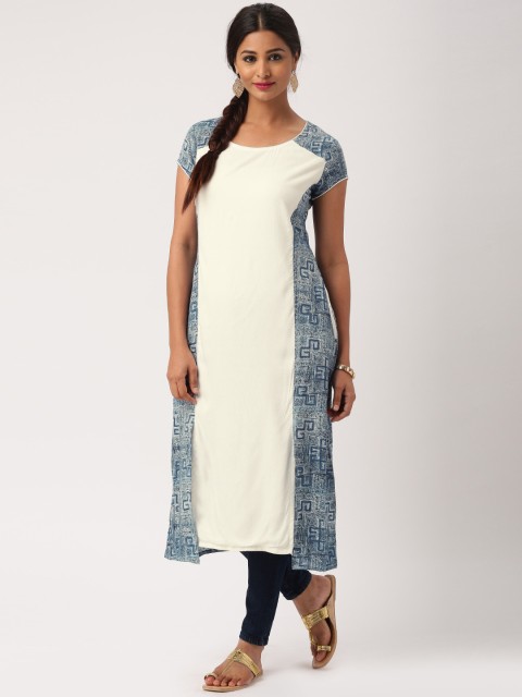 

IMARA Women Navy & White Batik Printed A-Line Kurta, Navy blue