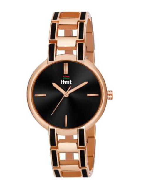 

HAMT Women Black Brass Printed Dial & Rose Gold Toned Bracelet Style Straps Analogue Watch