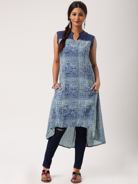 

IMARA Women Navy & White Batik Print & Striped High-Low Kurta, Navy blue