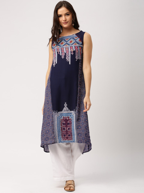 

IMARA Women Navy Blue Printed High-Low Kurta