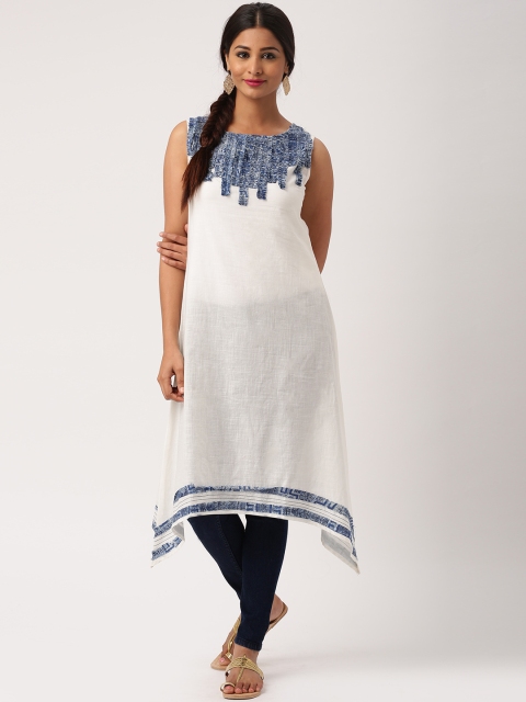 

IMARA Women White & Blue Batik Textured Patchwork A-Line Asymmetric Kurta