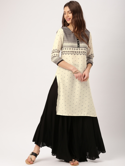 

IMARA Women Cream & Grey Printed Straight Kurta