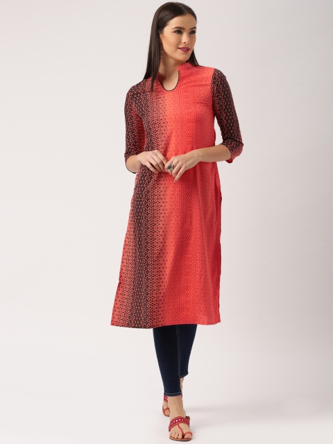 

IMARA Women Coral Red & Black Printed Straight Kurta