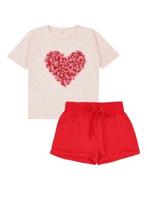 

RAINE AND JAINE Girls Off White & Red Embellished Pure Cotton T-shirt with Shorts